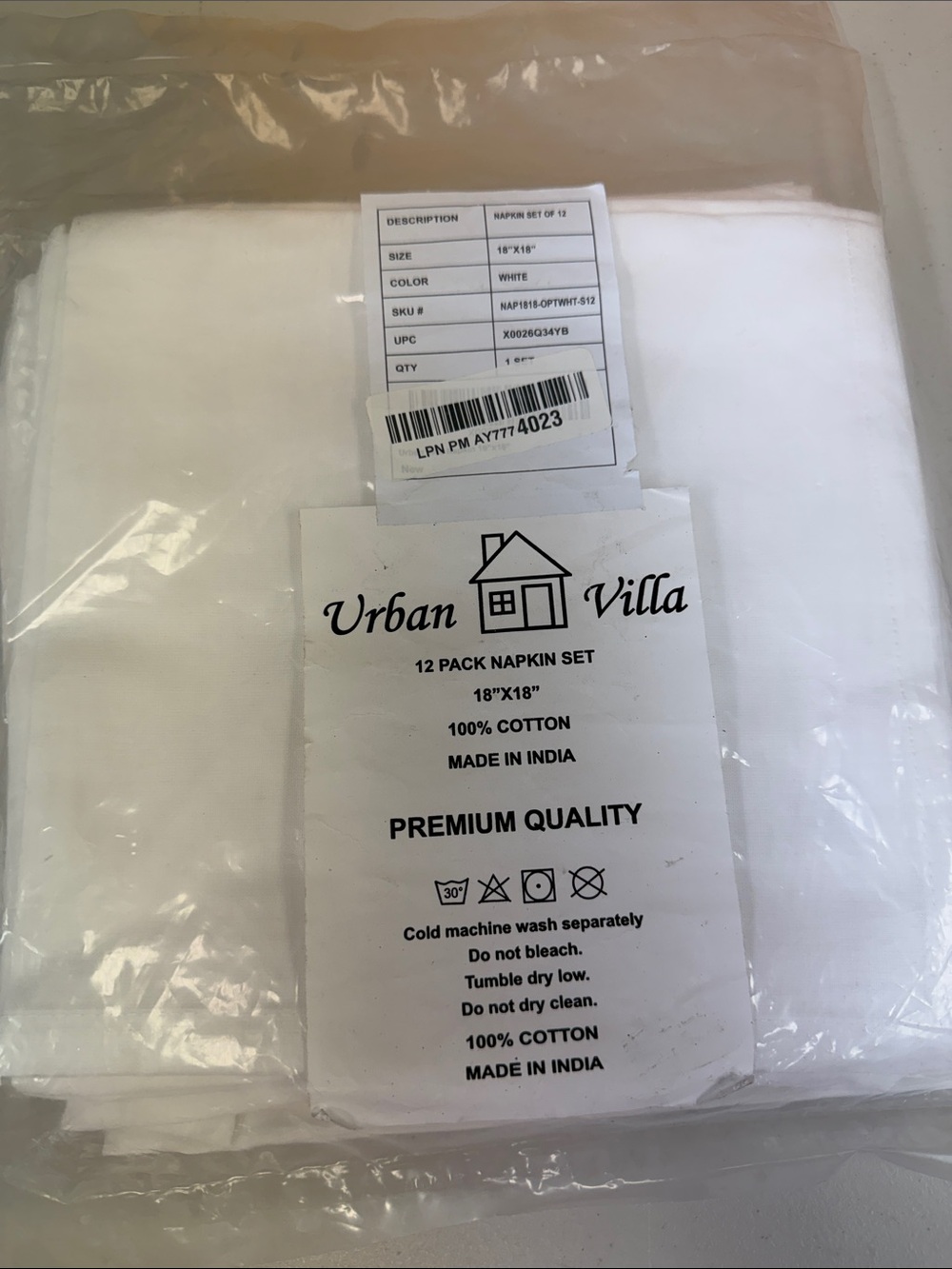 Urban Villa White 12-Pack Cotton Napkin Set 18”x18” premium quality 100% cotton